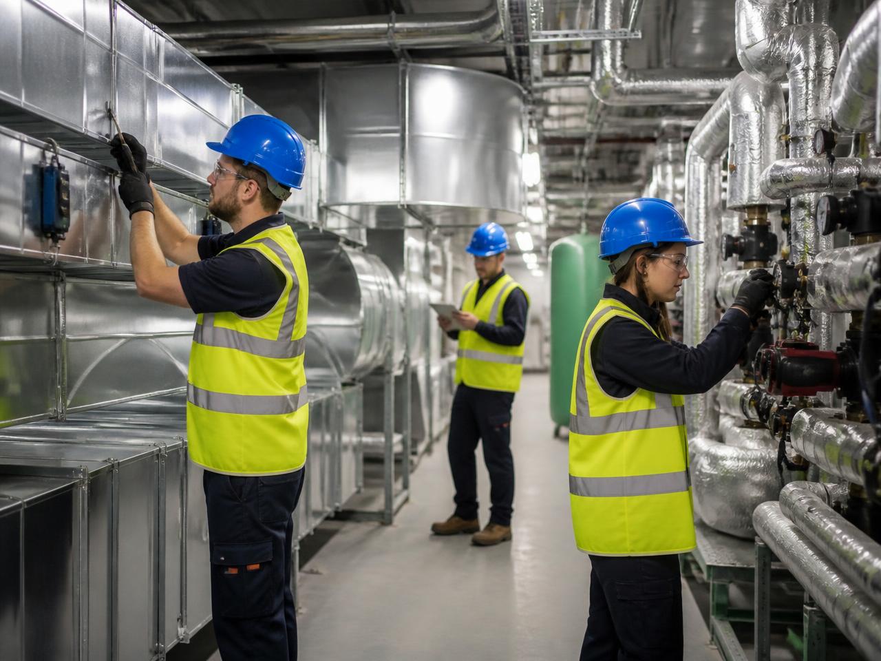 Engineering team maintaining HVAC and building services plant