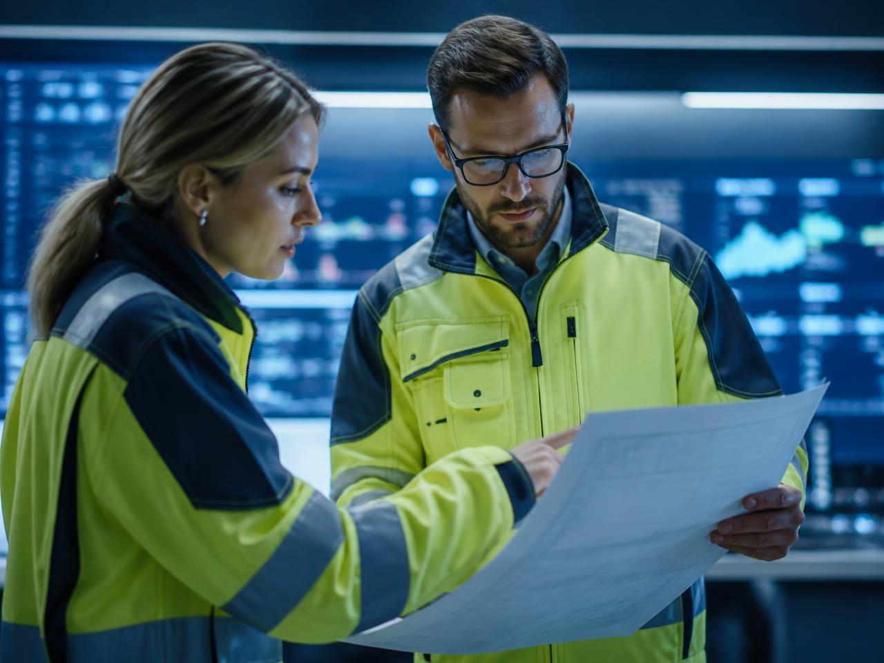 Two engineers reviewing drawings in an energy control room